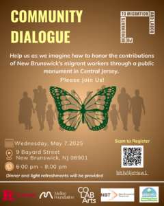 Flyer for a Community Dialogue event in New Brunswick, NJ, focused on honoring migrant workers with a public monument.