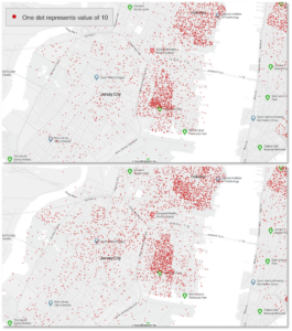 Dot density map showing 1980 Puerto Rican and 1970 Latino populations in Jersey City New Jersey, with each red dot representing 10 residents.